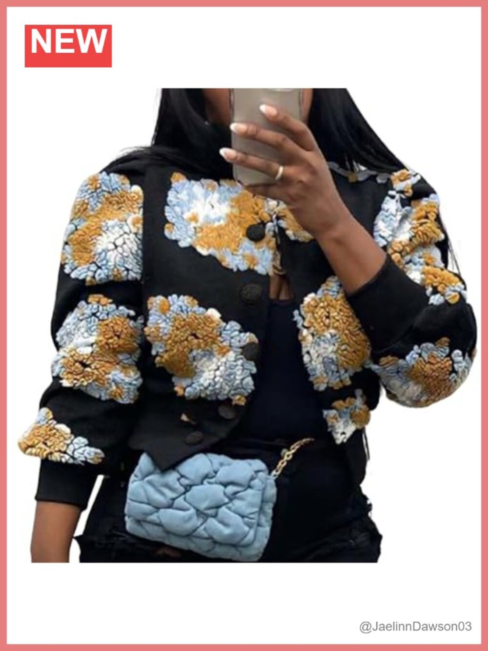 Women's Cropped Floral Shacket Bomber Jacket Puff Sleeve Button Coat